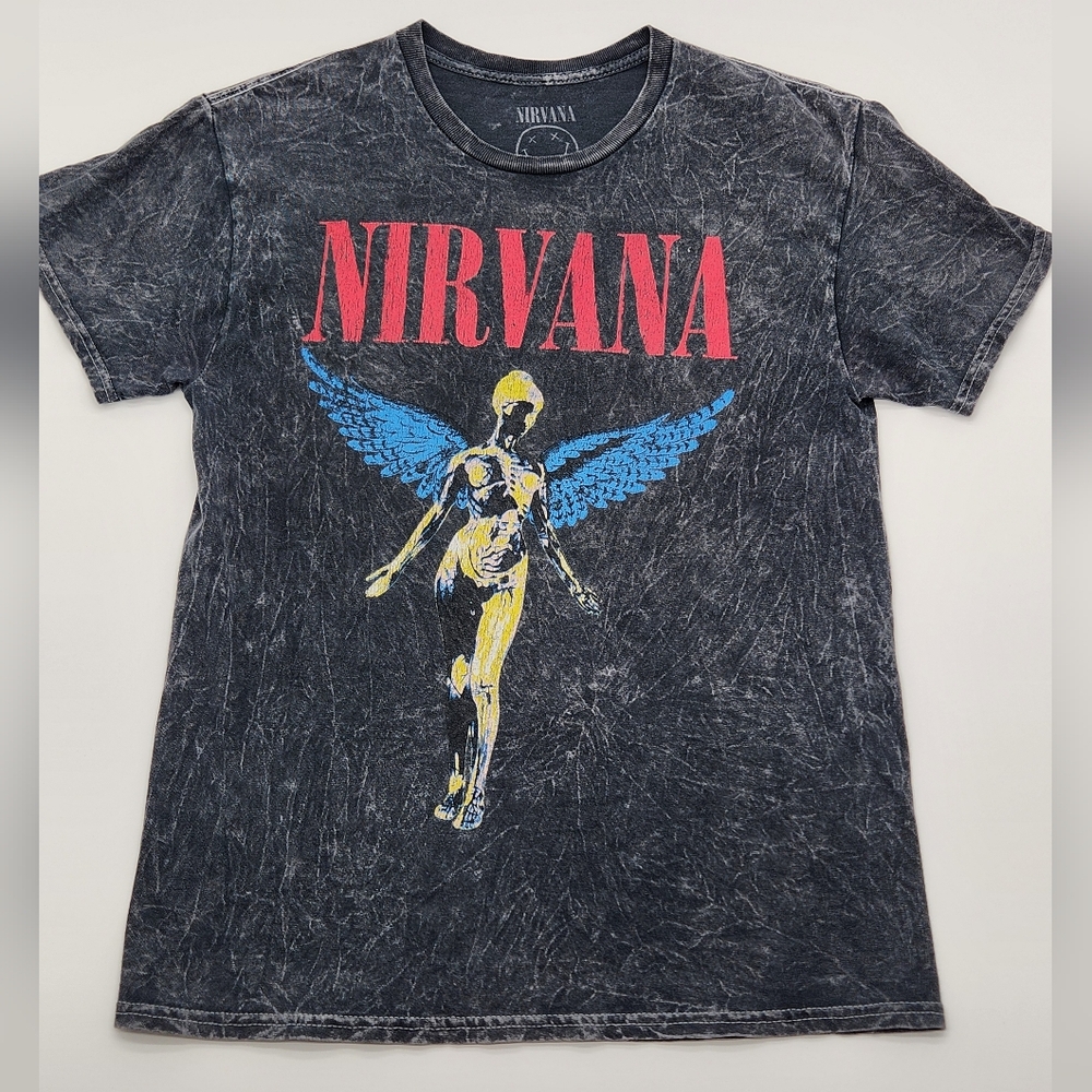 Nirvana Band T-Shirt Women’s M Gray Acid Wash Angel Graphic Grunge Rock Tee